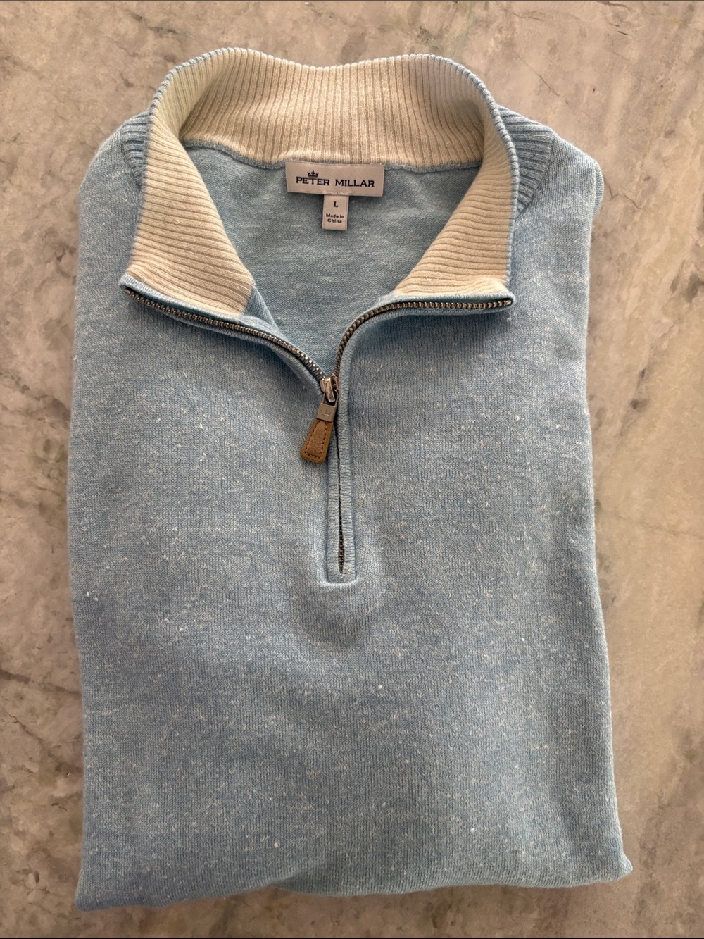 Peter Millar Light Blue Quarter-Zip Sweater with Cream Collar size Large